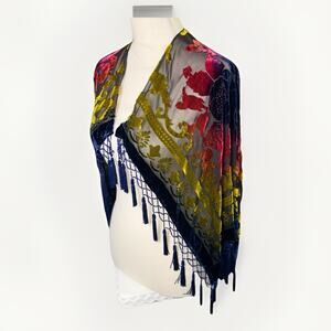 Matazaro Boho Velvet Burnout Rainbow Tie Dye Rose Scarf Shawl Cape Beaded Tassel